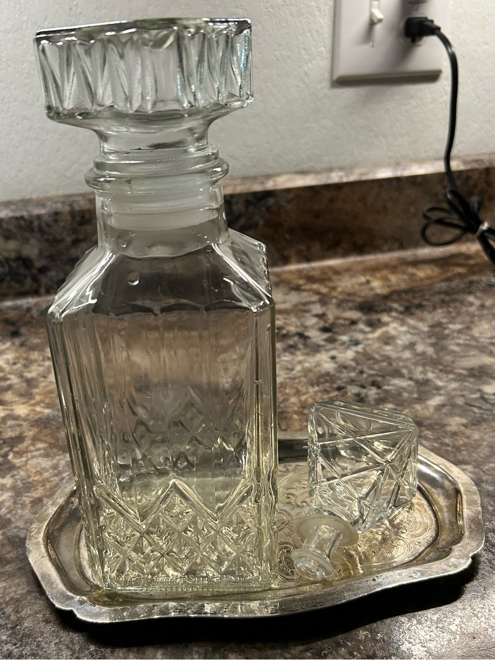 Cut Glass Decanter with Matching Stopper & 2 Stemless Glasses